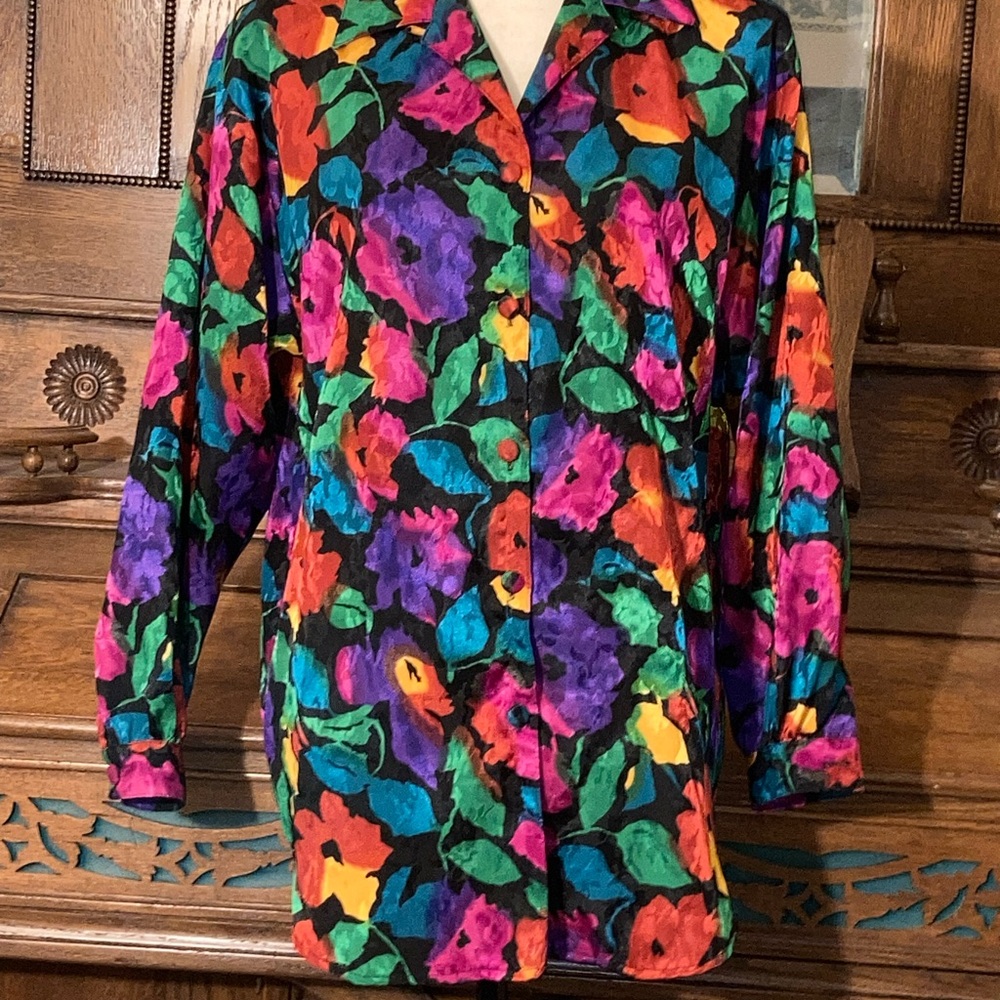 Vintage colorful bold floral artsy button up top no size check measurements